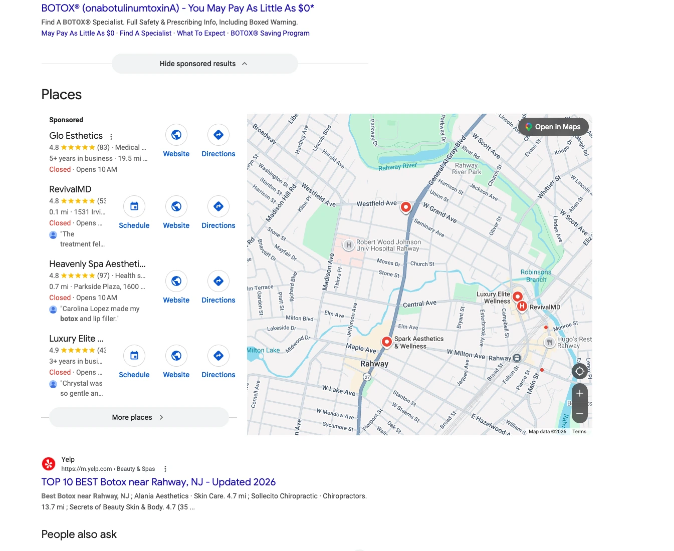 Classic Google (Map Pack + Organic) response citing RevivalMD for best botox in rahway