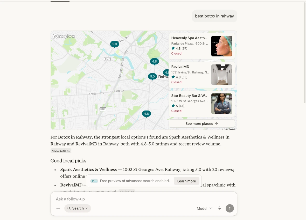 Perplexity response citing RevivalMD for best botox in rahway