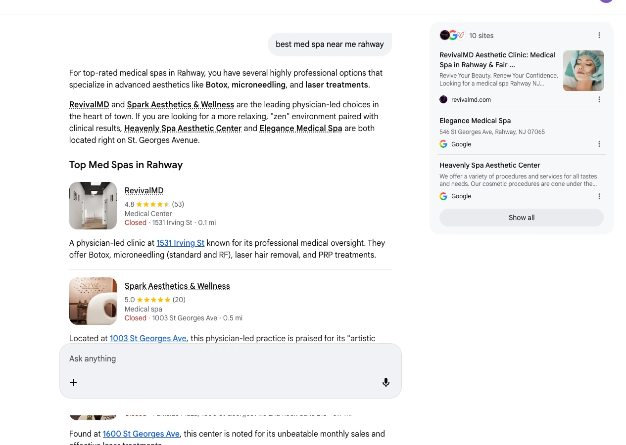 Google AI Mode response citing RevivalMD for best med spa near me rahway