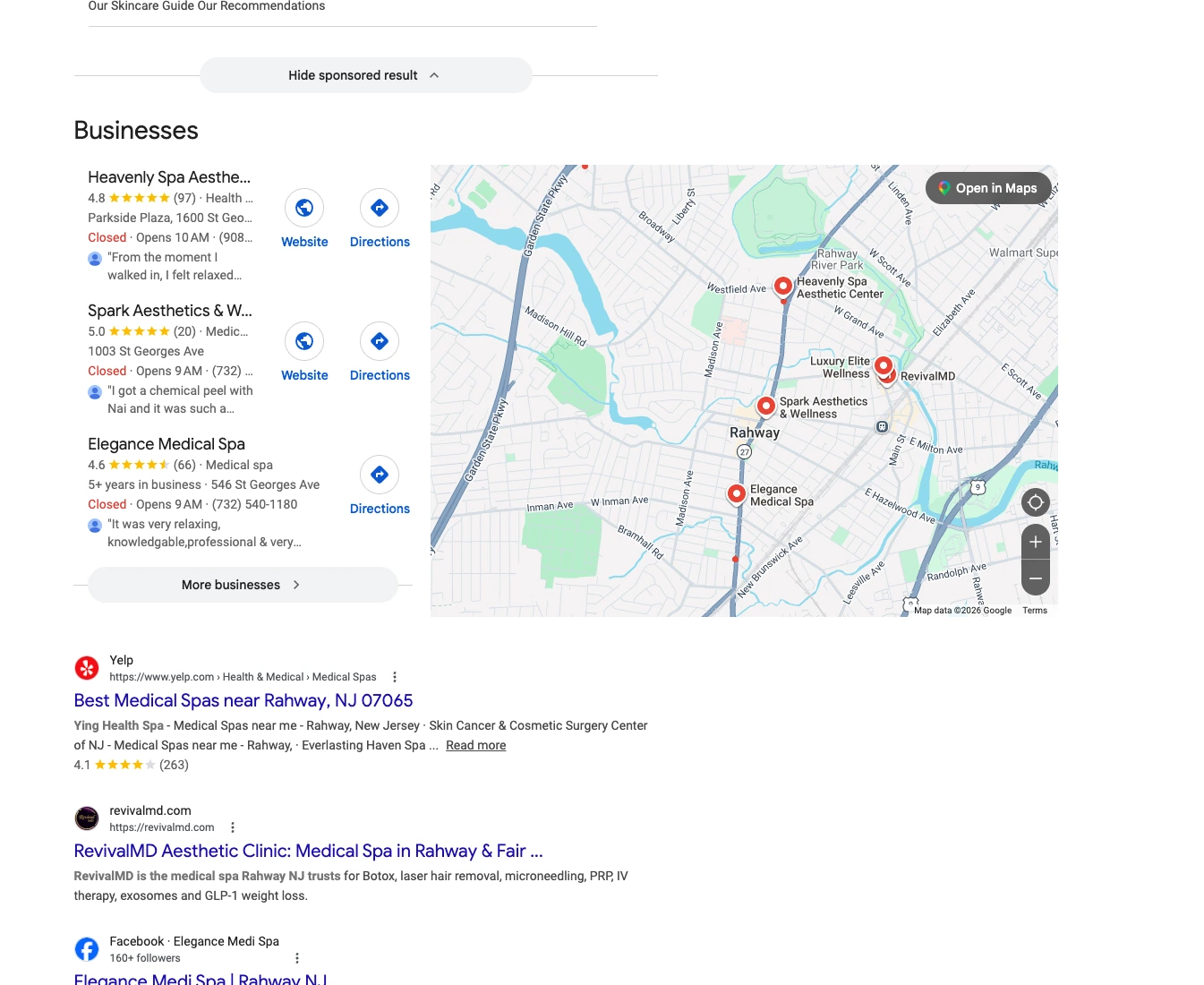 Classic Google (Map Pack + Organic) response citing RevivalMD for best med spa near me rahway
