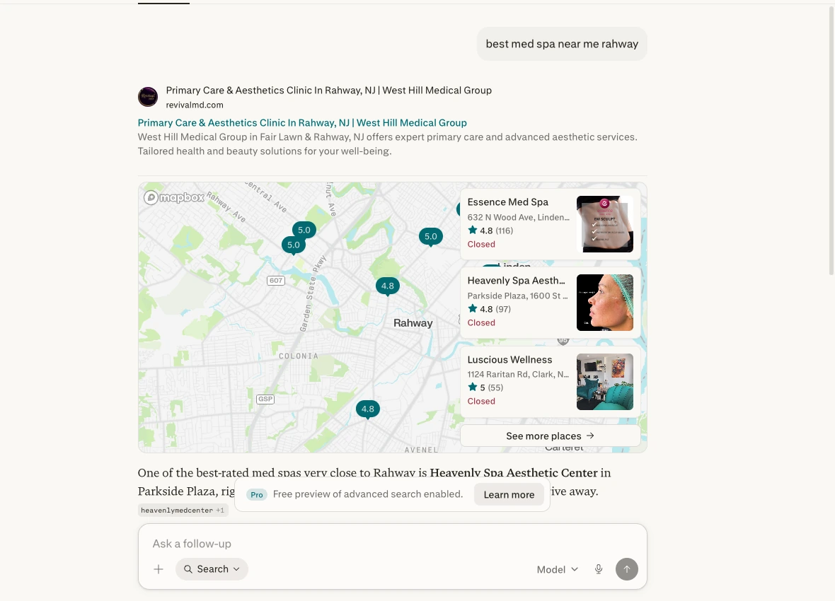Perplexity response citing RevivalMD for best med spa near me rahway