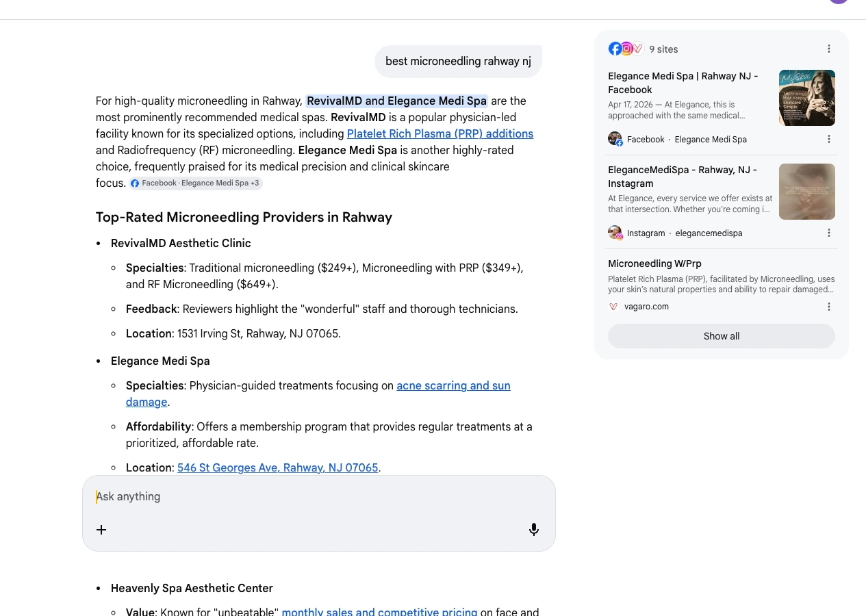 Google AI Mode response citing RevivalMD for best microneedling rahway nj