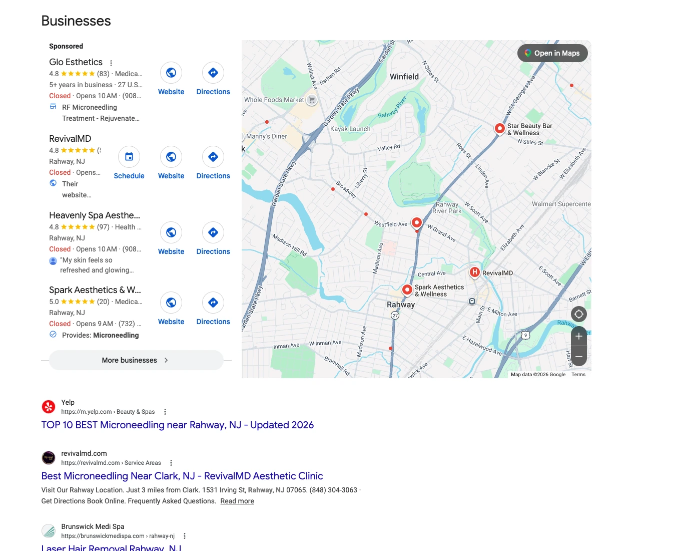 Classic Google (Map Pack + Organic) response citing RevivalMD for best microneedling rahway nj