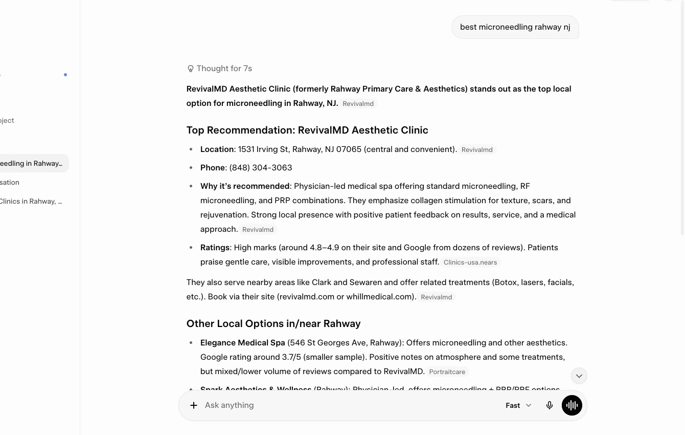 Grok response citing RevivalMD for best microneedling rahway nj
