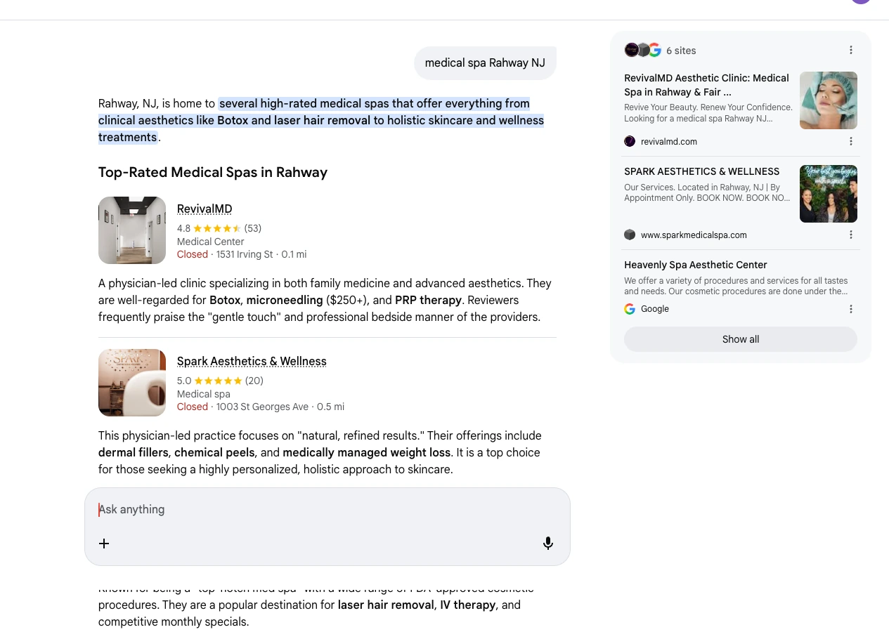 Google AI Mode response citing RevivalMD for medical spa Rahway NJ