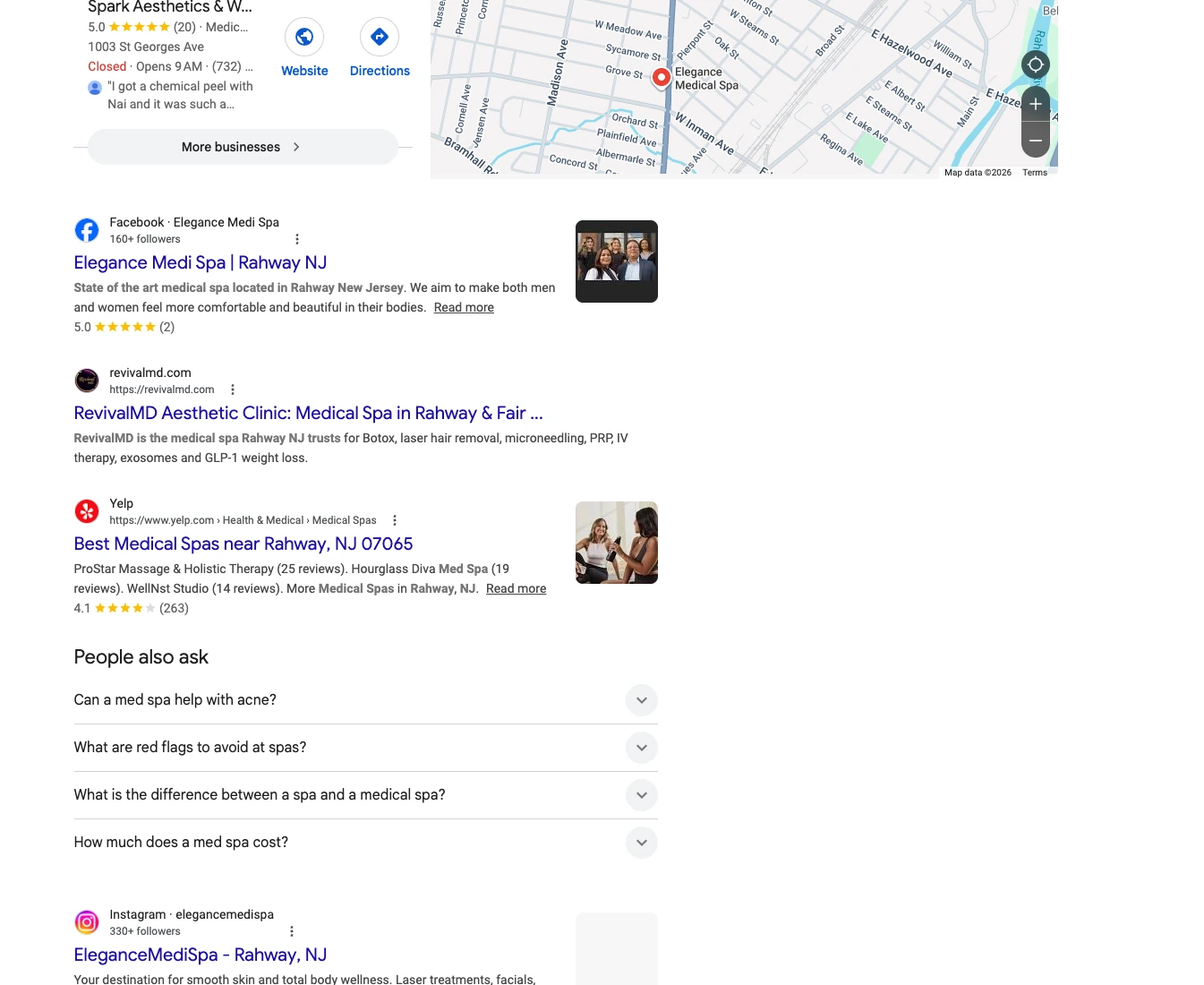 Classic Google (Map Pack + Organic) response citing RevivalMD for medical spa Rahway NJ