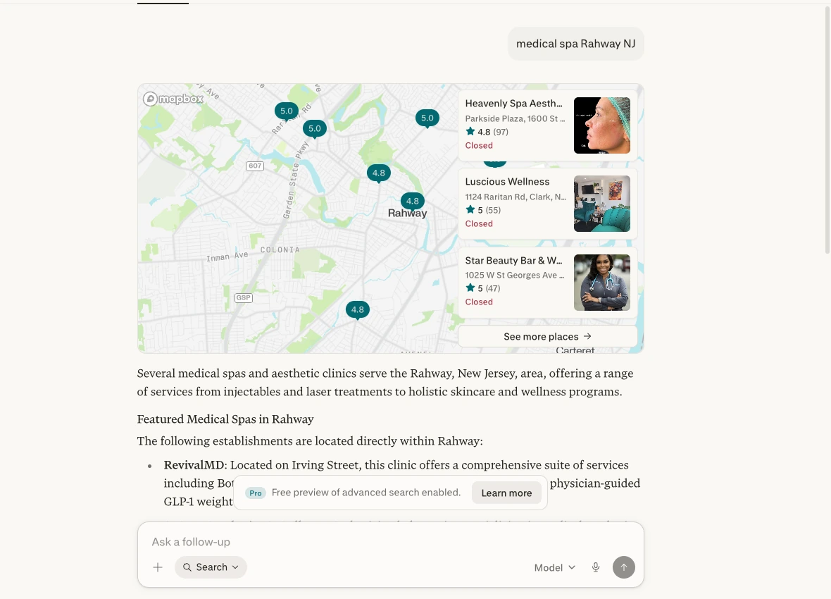 Perplexity response citing RevivalMD for medical spa Rahway NJ