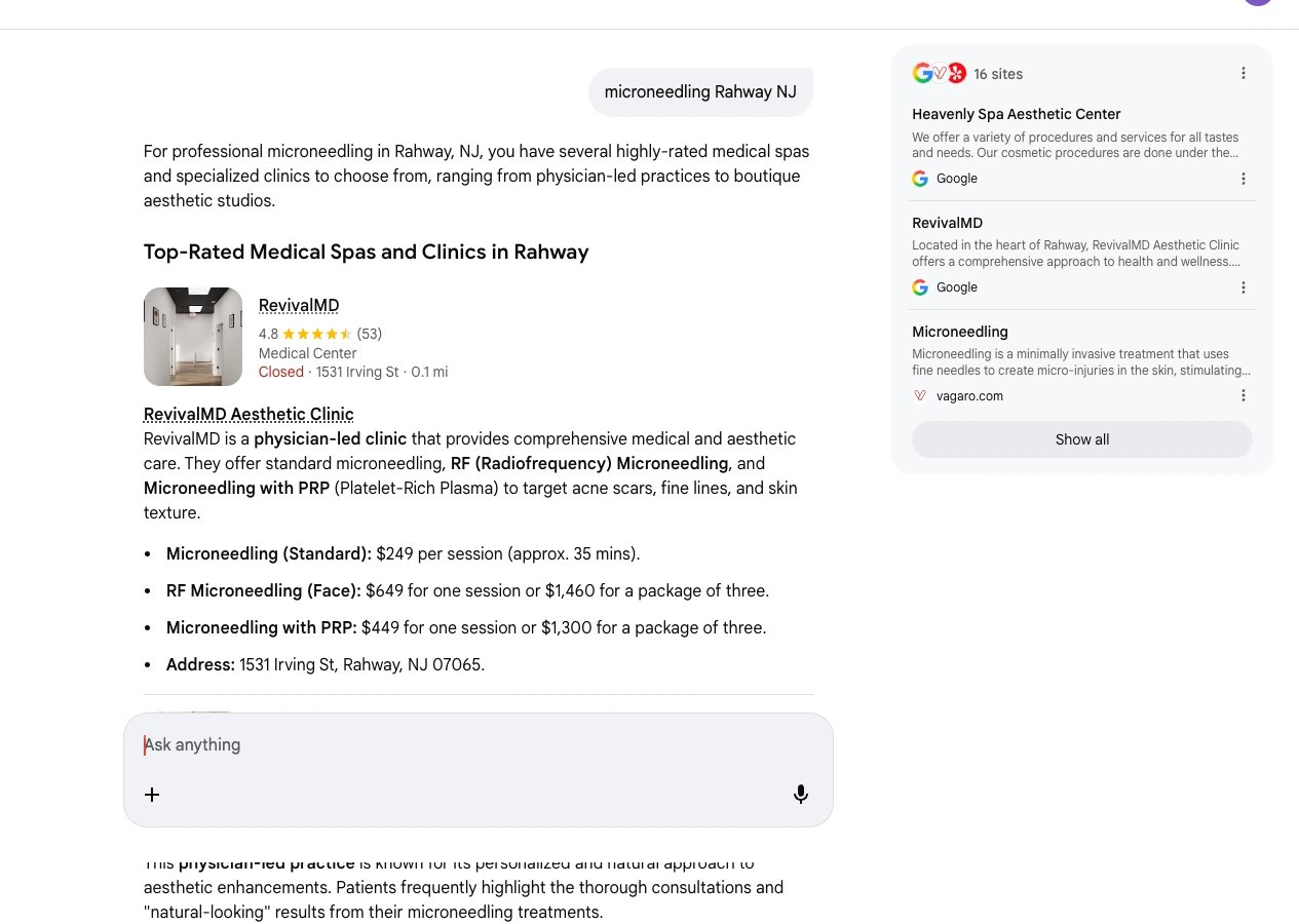 Google AI Mode response citing RevivalMD for microneedling Rahway NJ