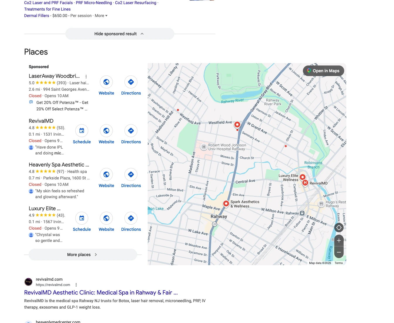 Classic Google (Map Pack + Organic) response citing RevivalMD for microneedling Rahway NJ