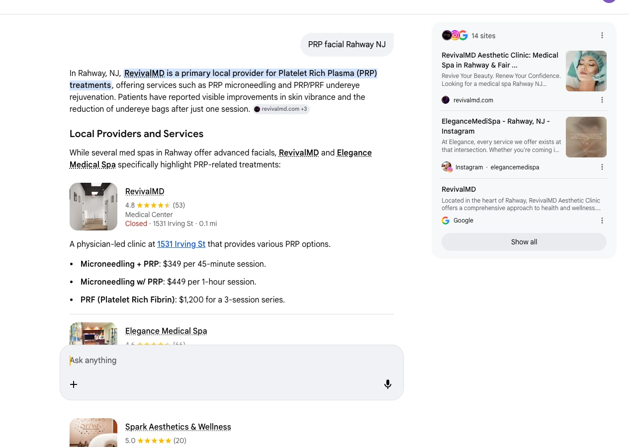 Google AI Mode response citing RevivalMD for PRP facial Rahway NJ