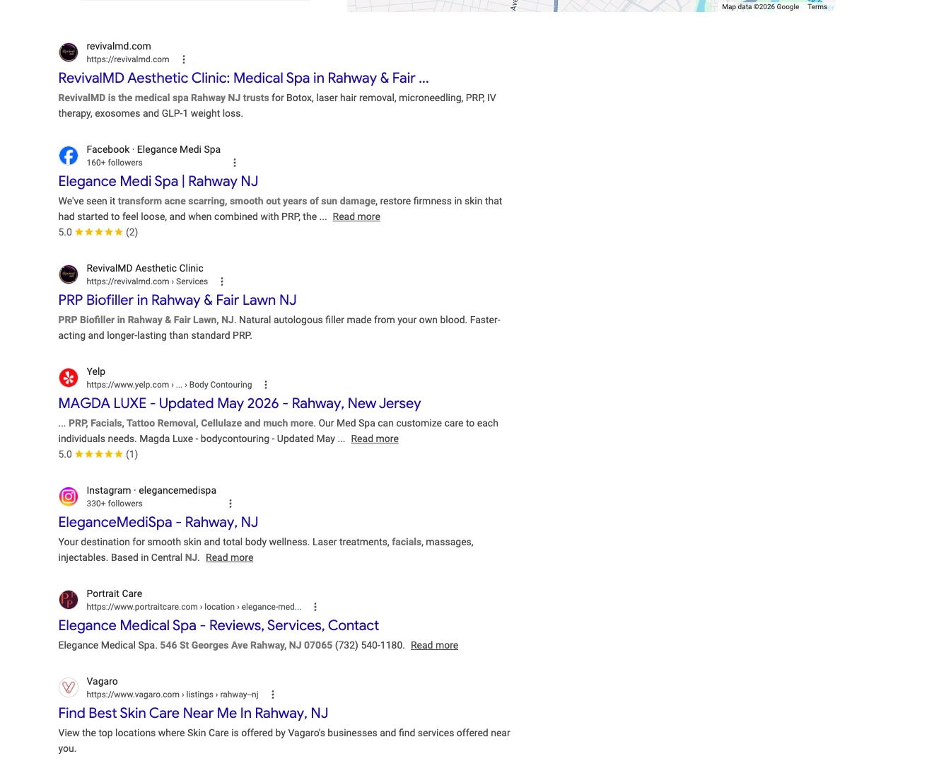 Classic Google (Map Pack + Organic) response citing RevivalMD for PRP facial Rahway NJ