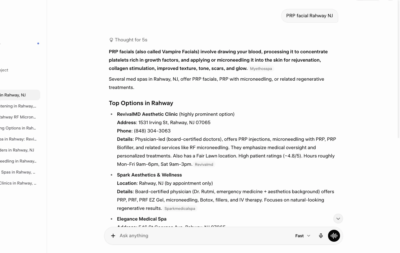 Grok response citing RevivalMD for PRP facial Rahway NJ