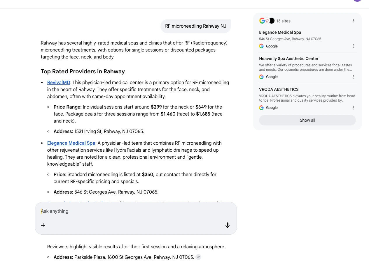 Google AI Mode response citing RevivalMD for RF microneedling Rahway NJ