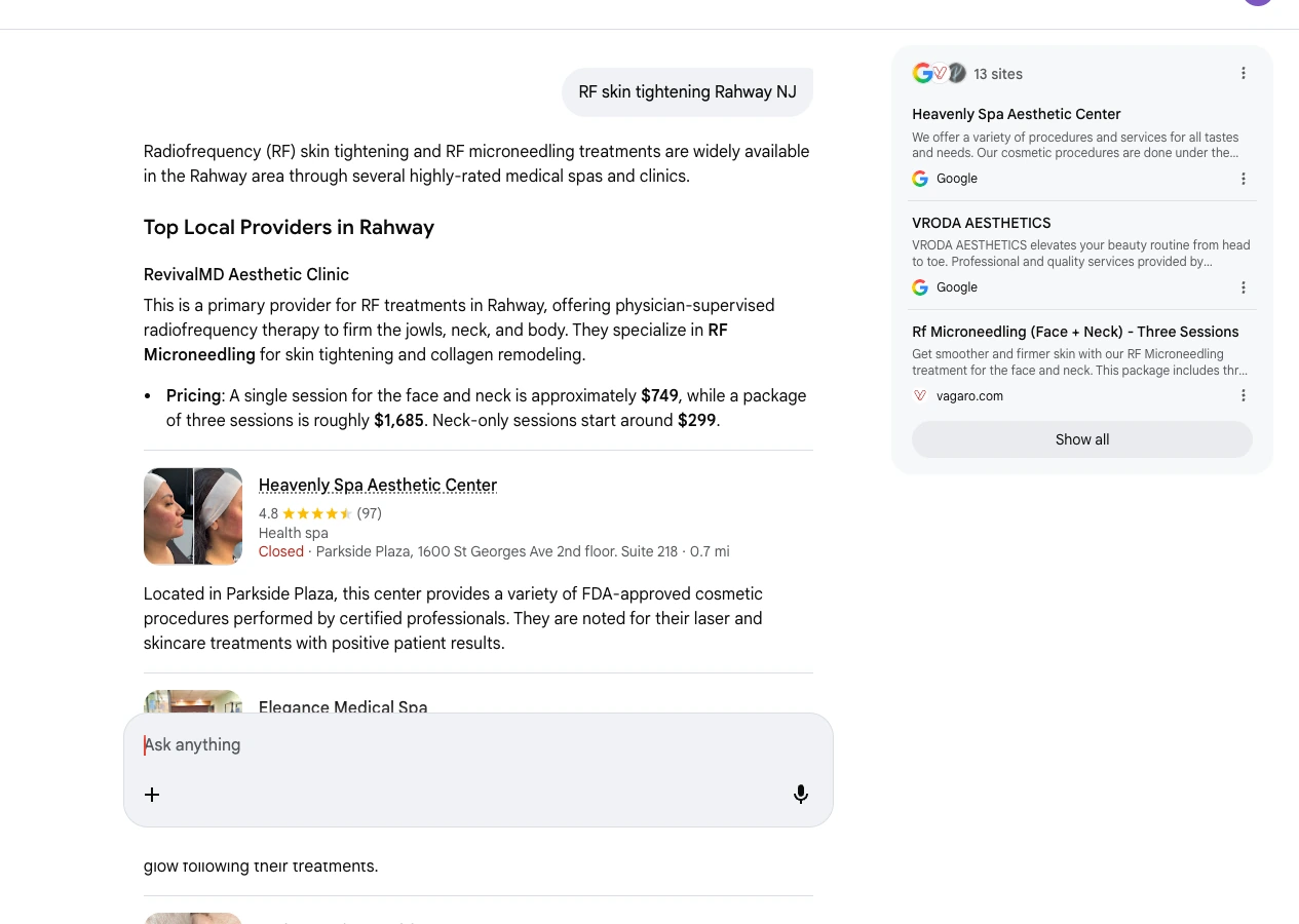 Google AI Mode response citing RevivalMD for RF skin tightening Rahway NJ