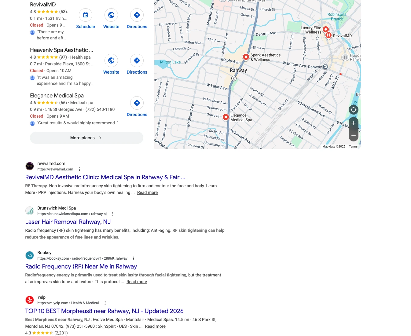 Classic Google (Map Pack + Organic) response citing RevivalMD for RF skin tightening Rahway NJ