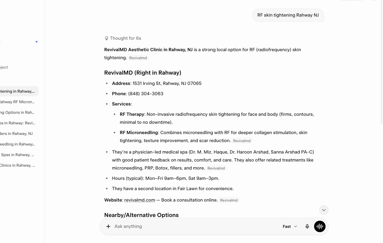 Grok response citing RevivalMD for RF skin tightening Rahway NJ