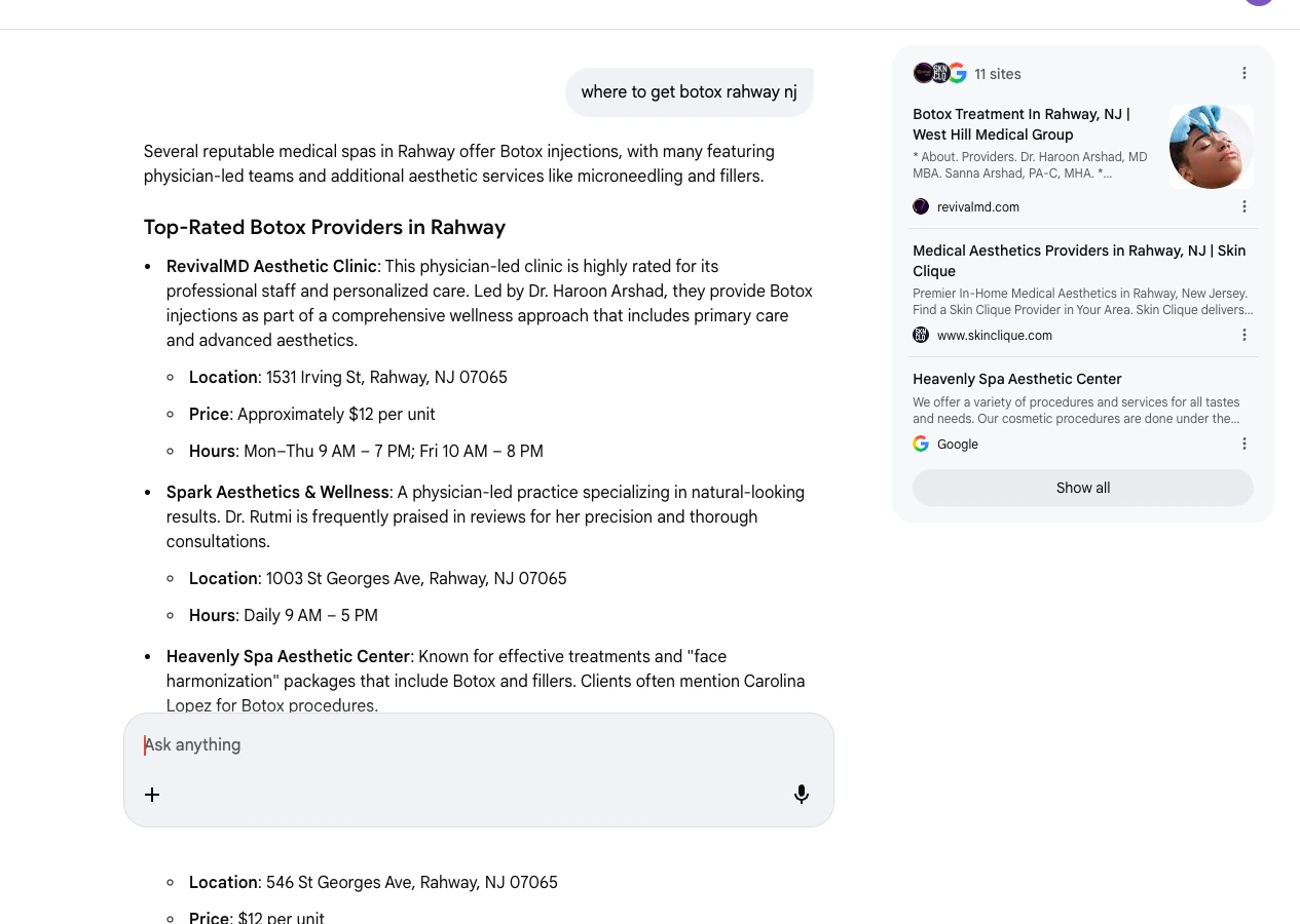 Google AI Mode response citing RevivalMD for where to get botox rahway nj