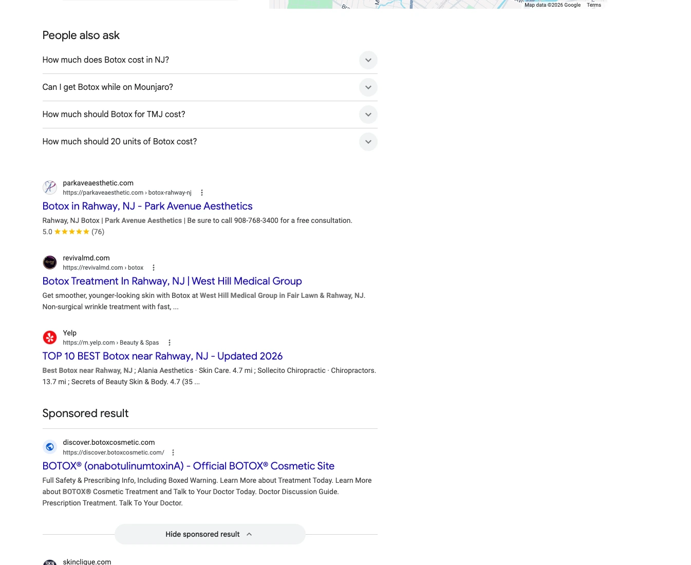 Classic Google (Map Pack + Organic) response citing RevivalMD for where to get botox rahway nj