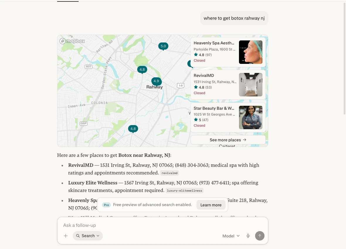 Perplexity response citing RevivalMD for where to get botox rahway nj